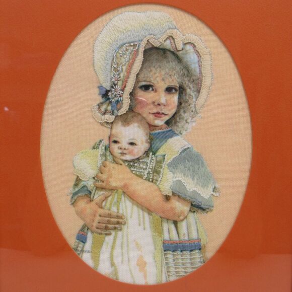 Victorian Style Framed Completed Crewel Embroidery Adorable Girl Doll Hand Made - Picture 1 of 12